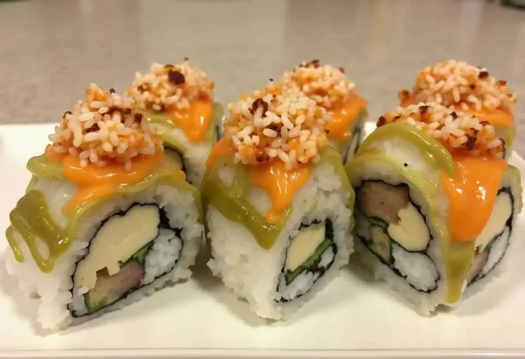 Fresh homemade sushi rolls filled with avocado, cucumber, and crab meat, neatly arranged on a wooden board.