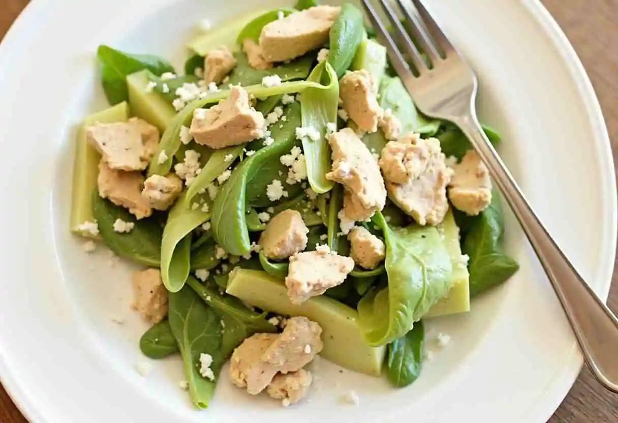 A bowl of Hot Tarragon Chicken Salad with tender chicken, creamy dressing, and fresh herbs.