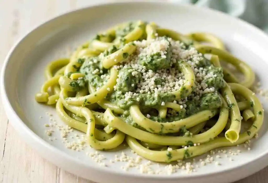 Creamy pesto Alfredo sauce drizzled over pasta with fresh basil and Parmesan cheese.