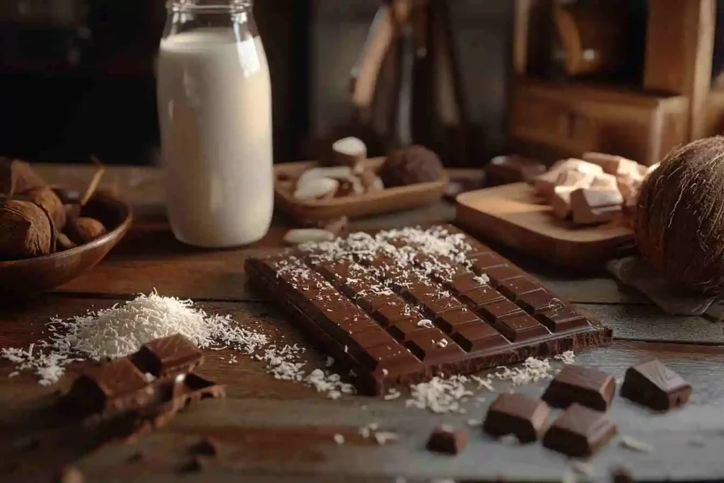 Ingredients for creamy coconut milk hot chocolate, including coconut milk, cocoa powder, dark chocolate, sweetener, and vanilla extract