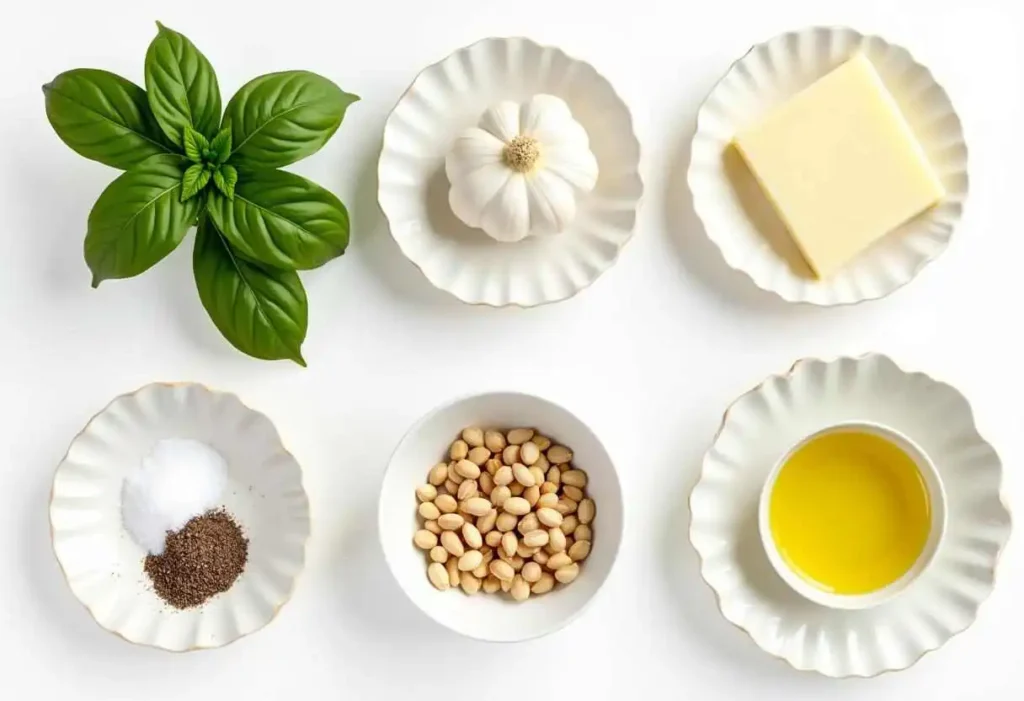  Fresh ingredients for pesto Alfredo sauce including basil, garlic, Parmesan cheese, butter, heavy cream, and olive oil.